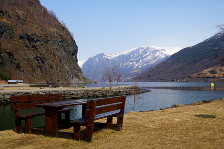 Scenic view of Fjord in Flam, Norwayの写真素材