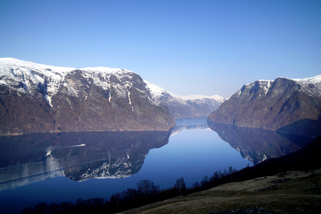 Scenic view of Fjord in Flam, Norwayの写真素材