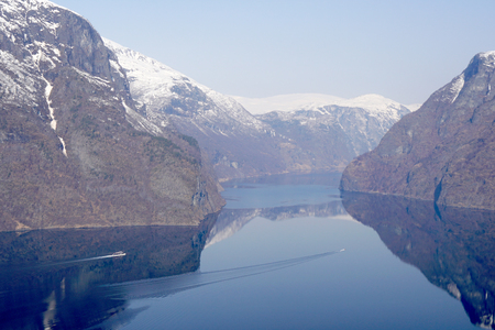 Scenic view of Fjord in Flam, Norwayの写真素材
