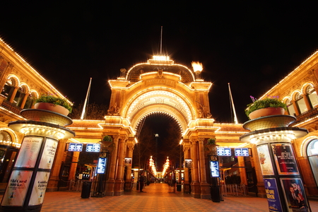 Copenhagen, Denmark - April 18, 2018: Tivoli Gardens is a famous amusement park and pleasure garden in Copenhagen, Denmark.のeditorial素材
