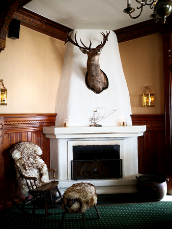 VOSS, NORWAY - April 14, 2018: Fleischer's Hotel facade. This hotel was built in 1889 in a Swiss style of architecture, and continues to be a popular tourist destination today.のeditorial素材