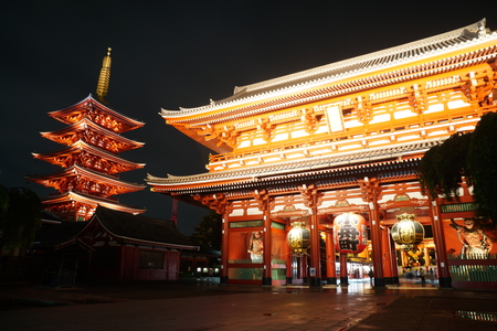 Asakusa, Tokyo, Japan - June 11, 2018 - Sensoji is an ancient Buddhist temple at night in Asakusa, Tokyo, Japan.のeditorial素材