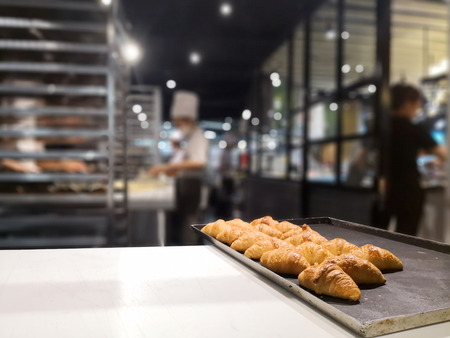 Baker is presenting freshly baked bread on tray