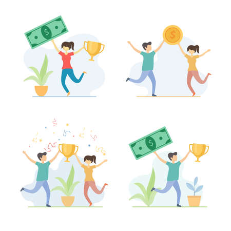 victory flat design illustration set collection, people hold up money and trophy, success celebrationのイラスト素材