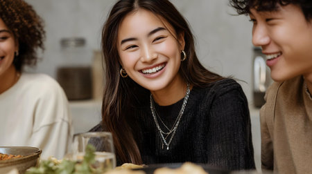 cheerful asian girl smiling while sitting at table with friends.ai generatedの素材