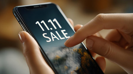 Woman using mobile phone with winter sale text on screen, closeup.ai generatedの素材