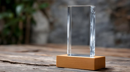 Glass trophy on a wooden table in front of a stone wall.ai generatedの素材