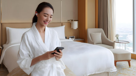 beautiful asian woman using mobile phone on bed in hotel room.ai generatedの素材