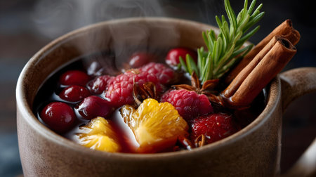 Mulled wine with cranberries, orange, cinnamon and rosemary.ai generatedの素材