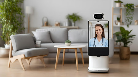 telemedicine, technology and people concept - close up of female doctor or nurse with stethoscope and smartphone taking selfie at home.ai generatedの素材