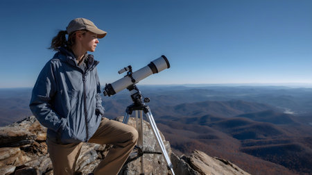 Man looking through a telescope on the top of a mountain in autumn.ai generatedの素材
