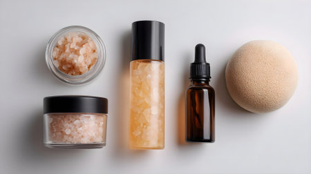 Set of cosmetic products and bath salt on white background, top view.ai generatedの素材
