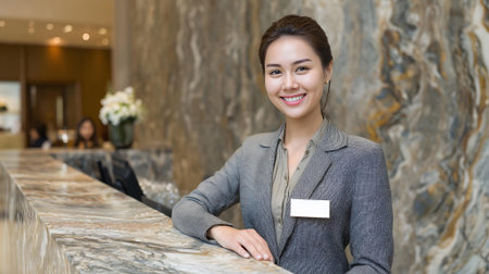 portrait of asian businesswoman standing at reception desk in hotel lobby.ai generatedの素材