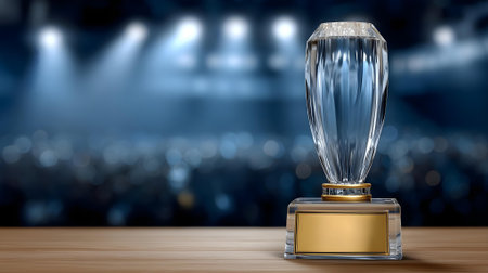 3D rendering of a golden award cup on a wooden table with a blurred background.ai generatedの素材