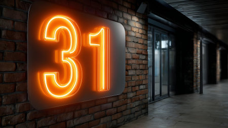 3D render of neon signboard with number 31 on brick wall.ai generatedの素材