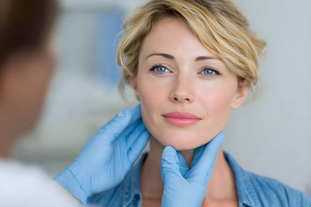 Close-up of cosmetologist examining face of woman in clinic.ai generatedの素材