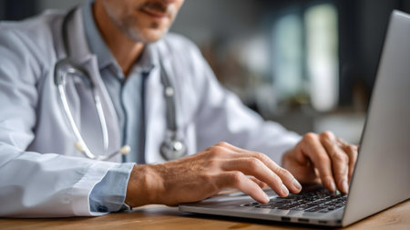 Cropped image of male doctor typing on laptop while sitting at desk in office.ai generatedの素材