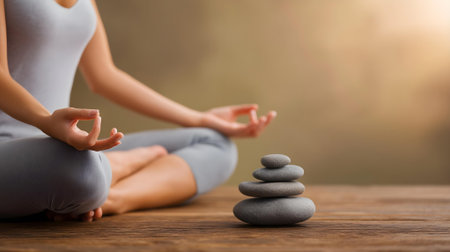 Young woman practicing yoga in lotus pose on wooden table, closeup.ai generatedの素材