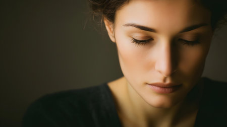 Portrait of a beautiful young woman with closed eyes on dark background.ai generatedの素材