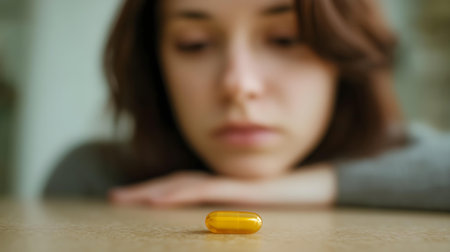 Close up of a depressed young woman sitting at the table and holding a yellow vitamin capsule.ai generatedの素材