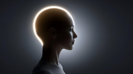 Silhouette of a female head in front of a dark background.ai generatedの素材