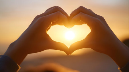 Hands in the shape of a heart on the background of the setting sun.ai generatedの素材