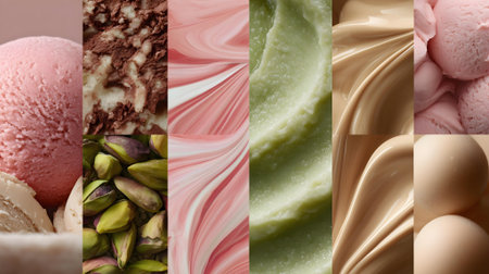 Collage of different ice creams with pistachio nuts and pistachios.ai generatedの素材