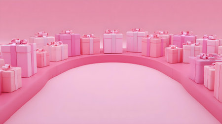 3d render of pink podium with gift boxes on pink background.ai generatedの素材