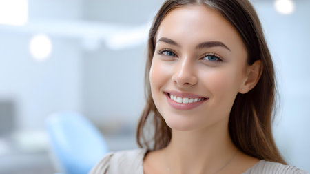 Portrait of a beautiful young businesswoman smiling at camera in office.ai generatedの素材
