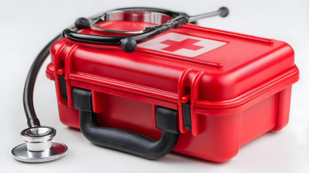 First aid kit with stethoscope on white background. Medical concept.ai generatedの素材