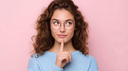 Half-length close up portrait of nice-looking young woman in blue sweater and eyeglasses keeping finger on chin, looking at camera, isolated on pink background.ai generatedの素材