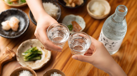 cropped shot of woman holding glass of vodka near sushi and shrimps.ai generatedの素材