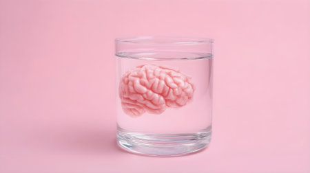 Human brain in a glass of water on a pink background. 3D illustration.ai generatedの素材