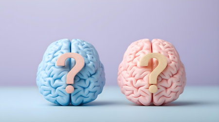 Two human brains with question mark on blue background. Brainstorming concept.ai generatedの素材