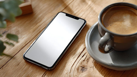 Smartphone with blank screen and cup of coffee on wooden table.の素材