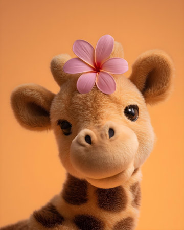 Cute toy giraffe with flower in hair on orange background.ai generatedの素材