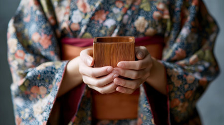 Woman in kimono holding a cup of hot tea or coffee.ai generatedの素材