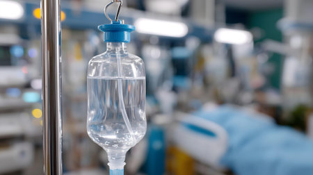 Close up saline solution drip in hospital ward. Health care and medical concept.ai generatedの素材