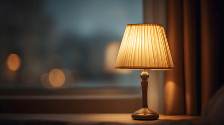 Lamp on the bed at night. Selective focus. Shallow depth of field.ai generatedの素材
