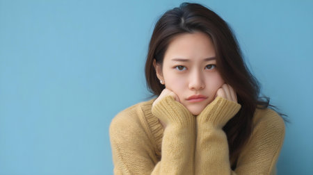 portrait of adult beautiful girl yellow sweater relax and smile.ai generatedの素材