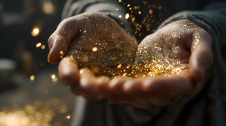 Close-up of man's hands with golden sparkles on blurred background.ai generatedの素材