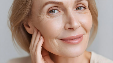 Close up portrait of beautiful mature woman looking at camera, touching her neck and smiling.ai generatedの素材