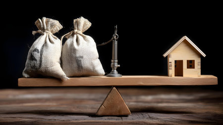House and money bags on scales. Real estate concept. Black background.ai generatedの素材