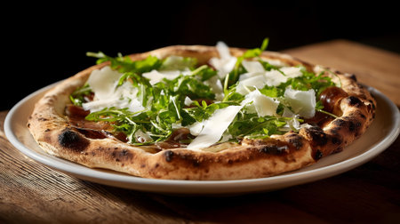 Pizza with mozzarella cheese and arugula on wooden table.ai generatedの素材