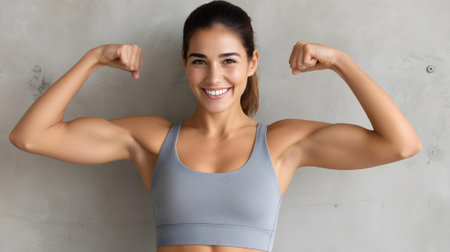 Portrait of a young beautiful woman flexing her muscles in a gym.ai generatedの素材