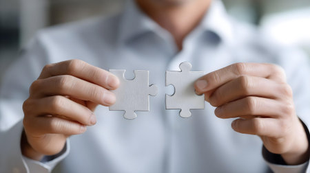 Close up of businessman hands connecting jigsaw puzzle pieces. Teamwork concept.ai generatedの素材