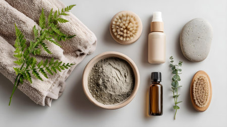 Spa composition with natural cosmetic products on white background, flat lay.ai generatedの素材