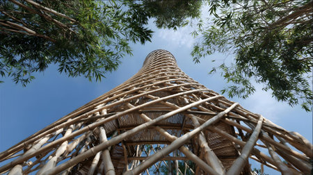 Bamboo tower in the park with blue sky and green trees.ai generatedの素材