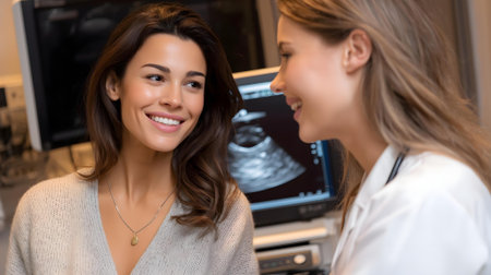 selective focus of smiling doctor looking at ultrasound scan of pregnant woman.ai generatedの素材