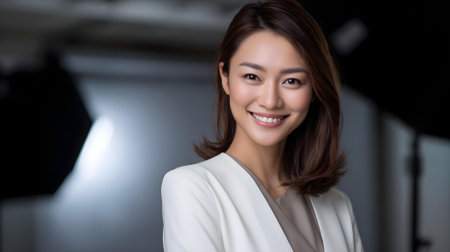 Portrait of a beautiful asian woman smiling and looking at camera.ai generatedの素材